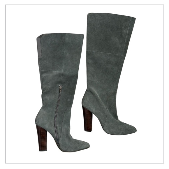CYNTHIA ROWLEY DLUXE Women’s Knee High Suede Boots Gray 4” Stacked Brown Heel 8M - Picture 1 of 15